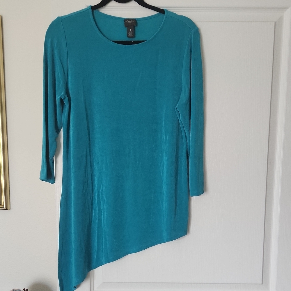 Vibrant Blue Asymmetrical Tunic with 3/4 Sleeves